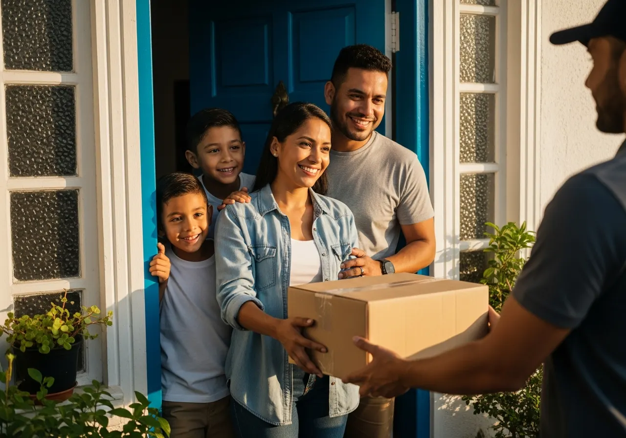 Familia feliz recibiendo su paquete